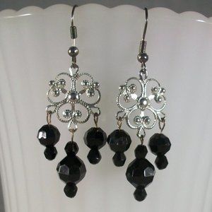 Hand Crafted Silver Filigree Black Bead Dangle Earrings